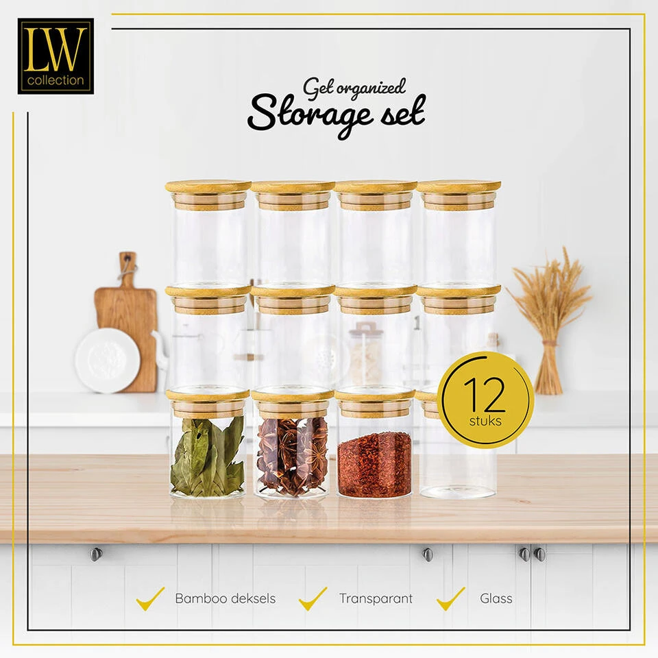 LW Collection Voorraadpotten Kruidenpotjes Glas 12 Stuks Bamboe Deksel 0.2L 2 LW Collection Voorraadpotten Kruidenpotjes Glas 12 Stuks Bamboe Deksel 0.2L - Afbeelding 2