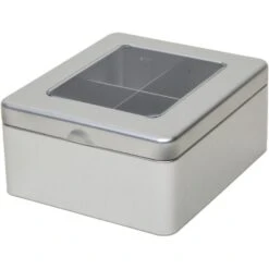 Merkloos Theedoos - Zilverkleurig - 4-vaks - Metaal - 15 Cm