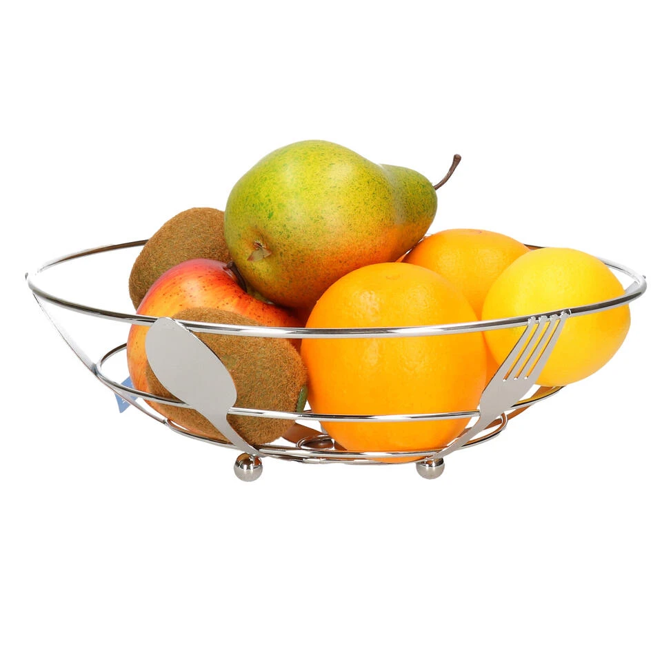 Items Fruitmand - Zilverkleurig - Bestek - Metaal - Rond - 26 Cm 2 Items Fruitmand - Zilverkleurig - Bestek - Metaal - Rond - 26 Cm - Afbeelding 2