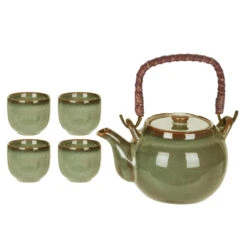 Excellent Houseware Theepot Set Met 4 Bekers Groen Keramiek -Tafel Benodigdheden Winkel 1000065903 0100