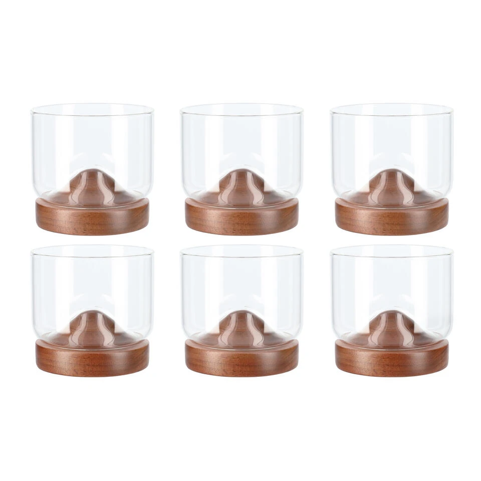 Aretica Whiskey Glas Met Houten Onderzetter - Bruin - Set Van 6 1 Aretica Whiskey Glas Met Houten Onderzetter - Bruin - Set Van 6