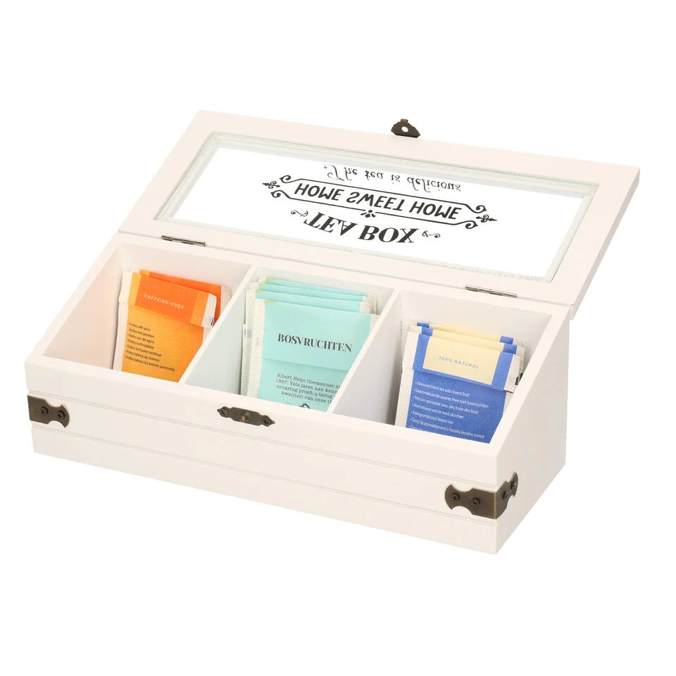 Excellent Houseware Theedoos - Hout - Wit - 3-vaks - 24 X 9 Cm 2 Excellent Houseware Theedoos - Hout - Wit - 3-vaks - 24 X 9 Cm - Afbeelding 2