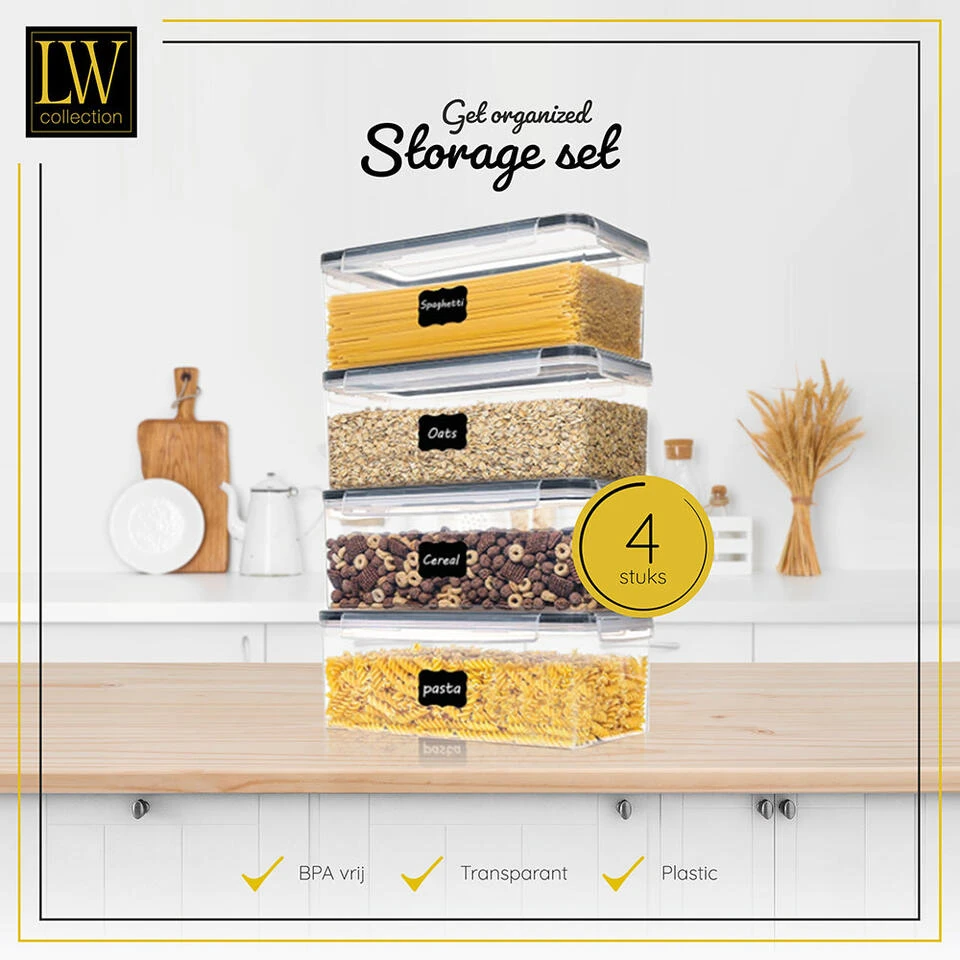 LW Collection Voorraadpotten 4 Stuks 3.2L Met Stickers 2 LW Collection Voorraadpotten 4 Stuks 3.2L Met Stickers - Afbeelding 2
