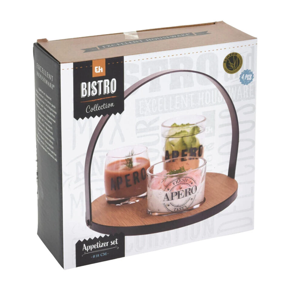 Excellent Houseware Serveerplank - Bamboe - D18 Cm - Met 3x Schaaltjes Van Glas 2 Excellent Houseware Serveerplank - Bamboe - D18 Cm - Met 3x Schaaltjes Van Glas - Afbeelding 2