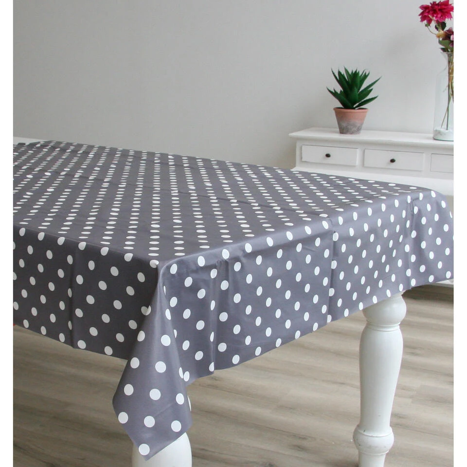 Tafelzeil/tafelkleed Grijs Met Witte Stippen 140 X 250 Cm 2 Tafelzeil/tafelkleed Grijs Met Witte Stippen 140 X 250 Cm - Afbeelding 2