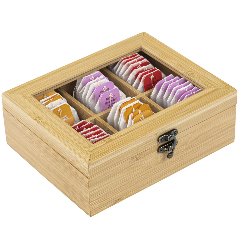 HI Theedoos/kist - 6-vaks - Bamboe Hout - 21 X 17 X 8 Cm 2 HI Theedoos/kist - 6-vaks - Bamboe Hout - 21 X 17 X 8 Cm - Afbeelding 2